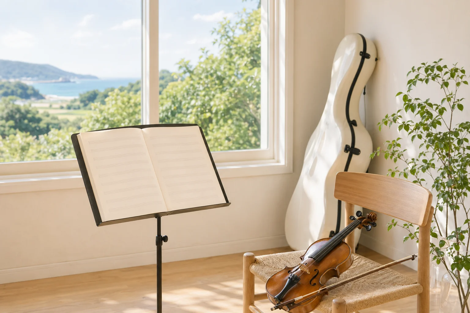 糸島の風景と楽譜を抽象的に重ねたイラスト